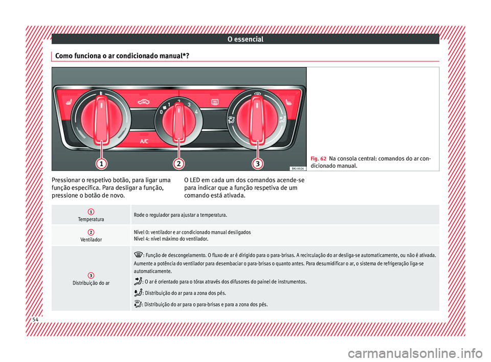 Seat Arona 2018 Manual do proprietário (in Portuguese) O essencial
Como funciona o ar condicionado manual*? Fig. 62
Na consola central: comandos do ar con-
dicion a
do manual. Pressionar o respetivo botão, para ligar uma
f
u
nção e
specífica. Para de Seat Arona 2018 Manual do proprietário (in Portuguese) O essencial
Como funciona o ar condicionado manual*? Fig. 62
Na consola central: comandos do ar con-
dicion a
do manual. Pressionar o respetivo botão, para ligar uma
f
u
nção e
specífica. Para de