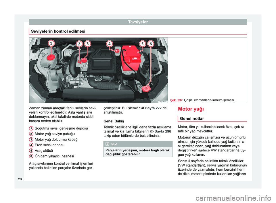 Seat Arona 2018 Kullanım Kılavuzu (in Turkish) Tavsiyeler
Seviyelerin kontrol edilmesi Şek. 237
Çeşitli elemanların konum şeması. Zaman zaman araçtaki farklı sıvıların sevi-
yeleri kontrol edilmelidir.
Asla yanlış sıvı
doldurmayın Seat Arona 2018 Kullanım Kılavuzu (in Turkish) Tavsiyeler
Seviyelerin kontrol edilmesi Şek. 237
Çeşitli elemanların konum şeması. Zaman zaman araçtaki farklı sıvıların sevi-
yeleri kontrol edilmelidir.
Asla yanlış sıvı
doldurmayın