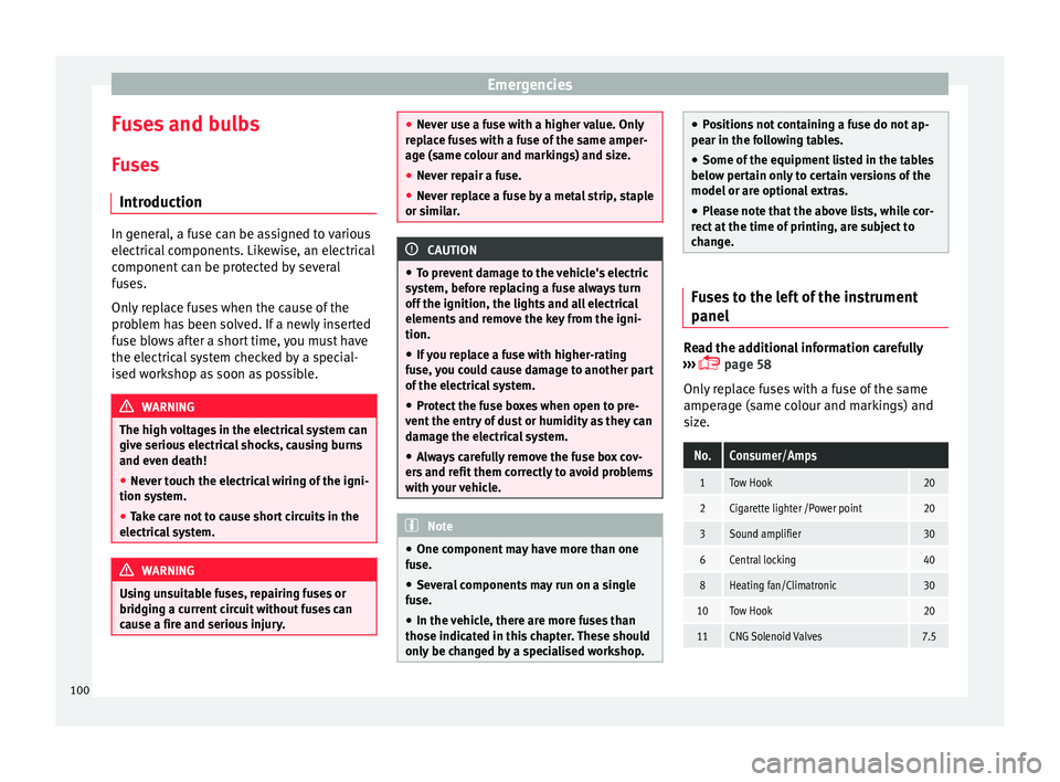 Seat Arona 2017 Owners Manual Emergencies
Fuses and bulbs F u
se
s
Introduction In general, a fuse can be assigned to various
electric
al
components. Likewise, an electrical
component can be protected by several
fuses.
Only repl Seat Arona 2017 Owners Manual Emergencies
Fuses and bulbs F u
se
s
Introduction In general, a fuse can be assigned to various
electric
al
components. Likewise, an electrical
component can be protected by several
fuses.
Only repl