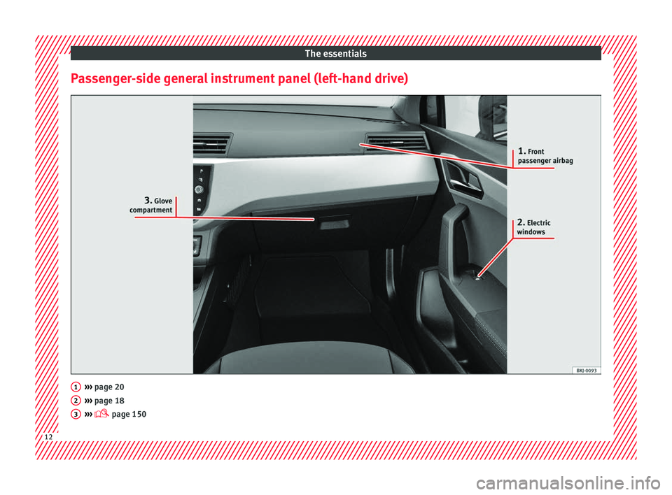 Seat Arona 2017 User Guide The essentials
Passenger-side general instrument panel (left-hand drive) ››› 
page 20
› ›
› page 18
›››   page 150 1
2
3
12  