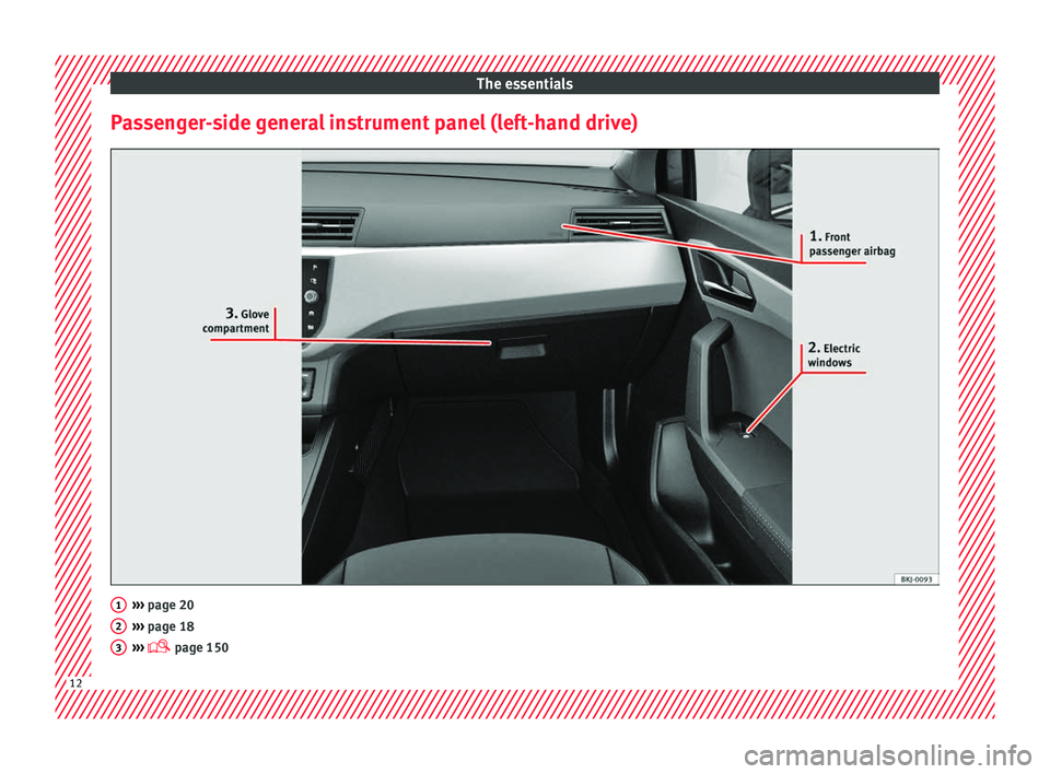 Seat Arona 2017 User Guide The essentials
Passenger-side general instrument panel (left-hand drive) ››› 
page 20
› ›
› page 18
›››   page 150 1
2
3
12  