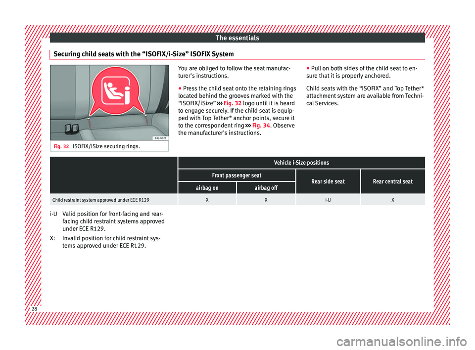 Seat Arona 2017 Owners Guide The essentials
Securing child seats with the “ISOFIX/i-Size” ISOFIX System Fig. 32
ISOFIX/iSize securing rings. You are obliged to follow the seat manufac-
tur
er's
instructions.
● Press t Seat Arona 2017 Owners Guide The essentials
Securing child seats with the “ISOFIX/i-Size” ISOFIX System Fig. 32
ISOFIX/iSize securing rings. You are obliged to follow the seat manufac-
tur
er's
instructions.
● Press t