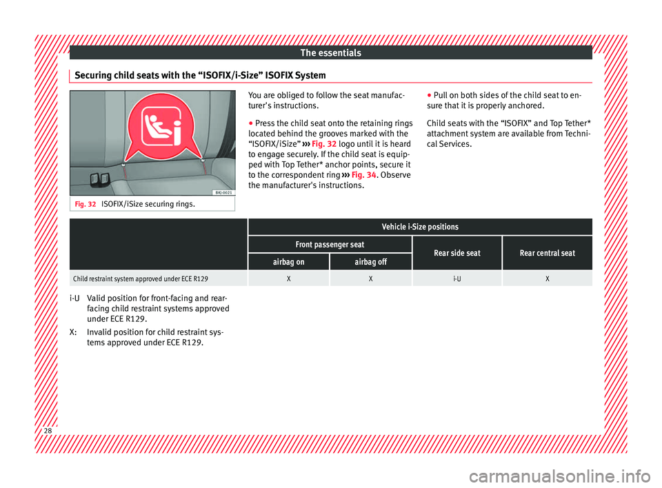 Seat Arona 2017  Owners Manual The essentials
Securing child seats with the “ISOFIX/i-Size” ISOFIX System Fig. 32 
ISOFIX/iSize securing rings. You are obliged to follow the seat manufac-
tur
er's
 instructions.
● Press t