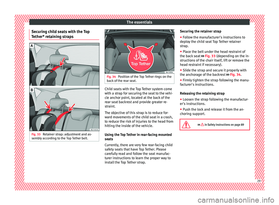 Seat Arona 2017  Owners Manual The essentials
Securing child seats with the Top
T ether* r
et
aining strapsFig. 33 
Retainer strap: adjustment and as-
semb ly
 ac

cording to the Top Tether belt. Fig. 34 
Position of the Top Tether