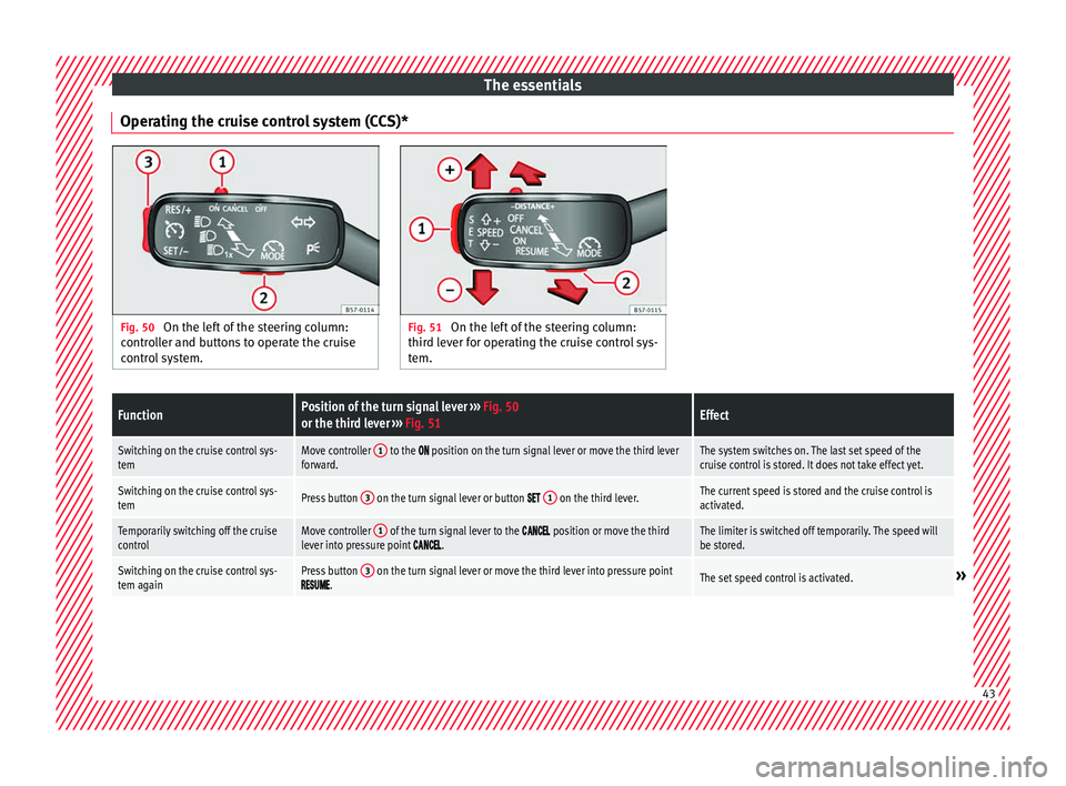 Seat Arona 2017 Service Manual The essentials
Operating the cruise control system (CCS)* Fig. 50 
On the left of the steering column:
contr o
ller and buttons to operate the cruise
control system. Fig. 51 
On the left of the steeri