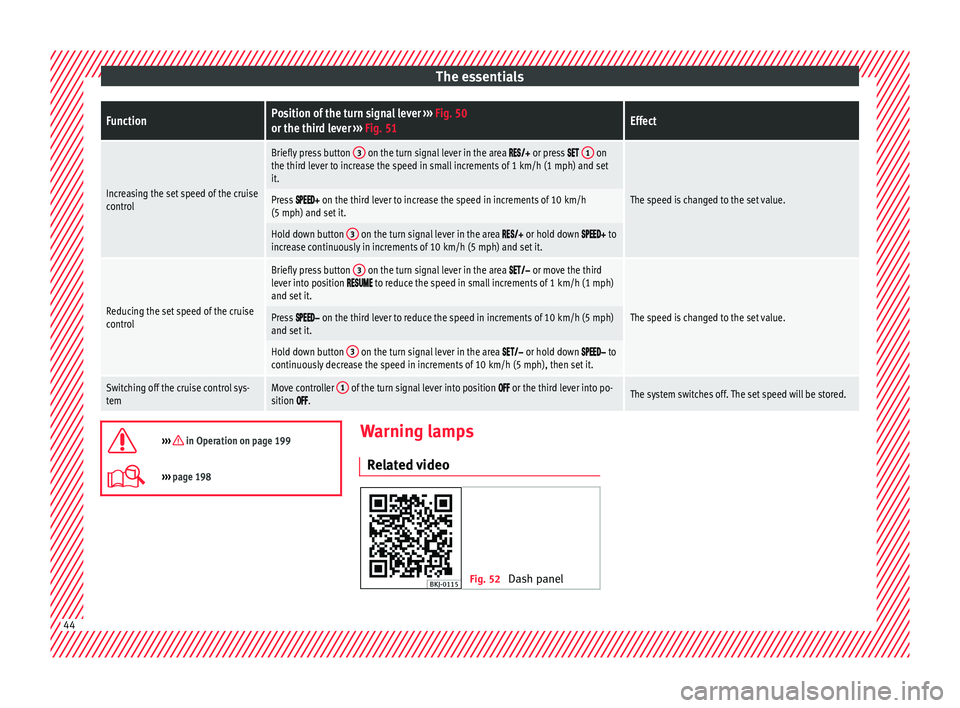 Seat Arona 2017 Service Manual The essentialsFunctionPosition of the turn signal lever
››› Fig. 50
or the third lever ››› Fig. 51Effect
Increasing the set speed of the cruise
control
Briefly press button 3 on the tur Seat Arona 2017 Service Manual The essentialsFunctionPosition of the turn signal lever
››› Fig. 50
or the third lever ››› Fig. 51Effect
Increasing the set speed of the cruise
control
Briefly press button 3 on the tur