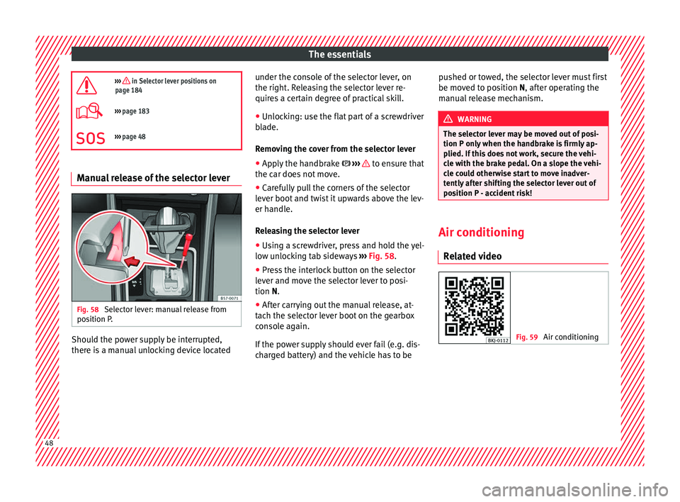 Seat Arona 2017 Service Manual The essentials
››› in Selector lever positions on
page 184
››› page 183
››› page 48 Manual release of the selector lever
Fig. 58
Selector lever: manual release from
po s
Seat Arona 2017 Service Manual The essentials
››› in Selector lever positions on
page 184
››› page 183
››› page 48 Manual release of the selector lever
Fig. 58
Selector lever: manual release from
po s