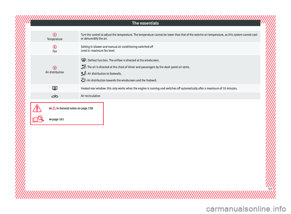 Seat Arona 2017 Workshop Manual The essentials1TemperatureTurn the control to adjust the temperature. The temperature cannot be lower than that of the exterior air temperature, as this system cannot cool
or dehumidify the air.
2FanS Seat Arona 2017 Workshop Manual The essentials1TemperatureTurn the control to adjust the temperature. The temperature cannot be lower than that of the exterior air temperature, as this system cannot cool
or dehumidify the air.
2FanS