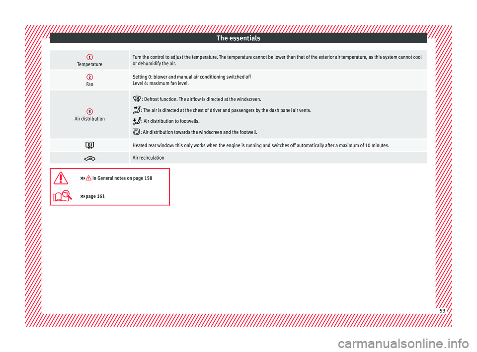 Seat Arona 2017  Owners Manual The essentials1TemperatureTurn the control to adjust the temperature. The temperature cannot be lower than that of the exterior air temperature, as this system cannot cool
or dehumidify the air.
2FanS