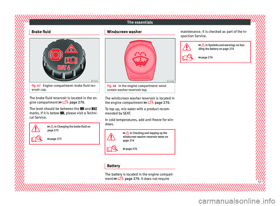 Seat Arona 2017  Owners Manual The essentials
Brake fluid Fig. 67 
Engine compartment: brake fluid res-
er v
oir c
ap. The brake fluid reservoir is located in the en-
gine c
omp
ar

tment ››› 
 page 270
.
The level should 