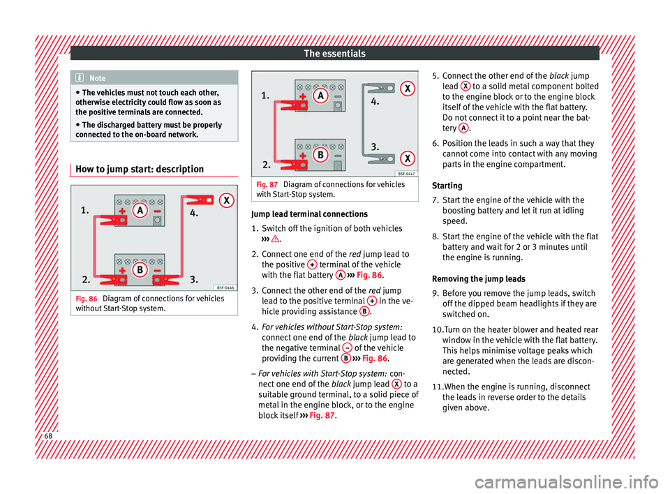 Seat Arona 2017 Repair Manual The essentials
Note
● The v ehic
les must not touch each other,
otherwise electricity could flow as soon as
the positive terminals are connected.
● The discharged battery must be properly
connecte Seat Arona 2017 Repair Manual The essentials
Note
● The v ehic
les must not touch each other,
otherwise electricity could flow as soon as
the positive terminals are connected.
● The discharged battery must be properly
connecte