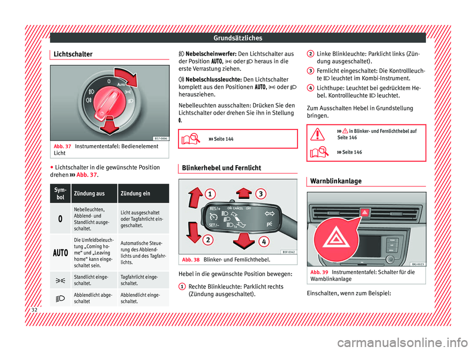 Seat Arona 2017  Betriebsanleitung (in German) Grundsätzliches
Lichtschalter Abb. 37 
Instrumententafel: Bedienelement
Lic ht ●
Lichtschalter in die gewünschte Position
dr ehen 
›
›
› Abb. 37.
Sym-
bolZündung ausZündung ein 
Nebelle