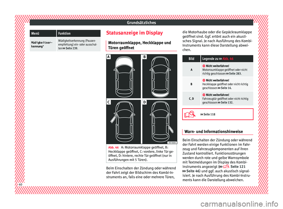 Seat Arona 2017  Betriebsanleitung (in German) GrundsätzlichesMenüFunktion
Müdigkeitser-
kennung *Müdigkeitserkennung (Pausen-
empfehlung) ein- oder ausschal-
ten ››› Seite 239. Statusanzeige im Display
Mot orr
aumk

lappe, Heckklappe un