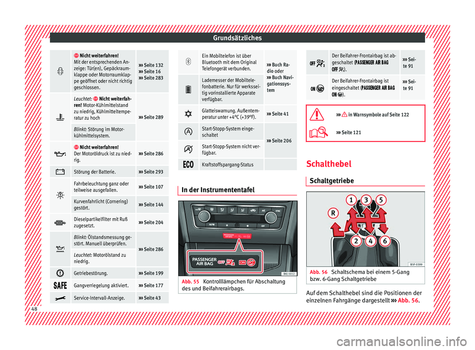 Seat Arona 2017 Betriebsanleitung (in German) Grundsätzliches
Nicht weiterfahren!
Mit der entsprechenden An-
zeige: Tür(en), Gepäckraum-
klappe oder Motorraumklap-
pe geöffnet oder nicht richtig
geschlossen.
››› Seite 132
› Seat Arona 2017 Betriebsanleitung (in German) Grundsätzliches
Nicht weiterfahren!
Mit der entsprechenden An-
zeige: Tür(en), Gepäckraum-
klappe oder Motorraumklap-
pe geöffnet oder nicht richtig
geschlossen.
››› Seite 132
›