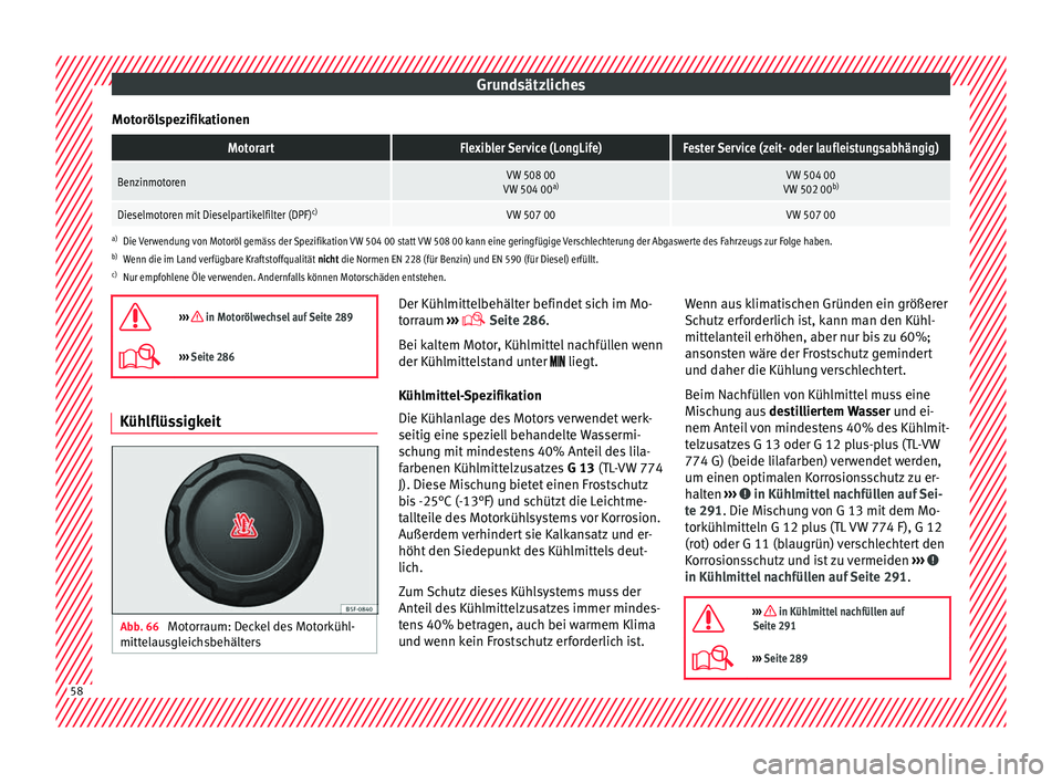 Seat Arona 2017 Betriebsanleitung (in German) Grundsätzliches
MotorölspezifikationenMotorartFlexibler Service (LongLife)Fester Service (zeit- oder laufleistungsabhängig)
BenzinmotorenVW 508 00
VW 504 00 a)VW 504 00
VW 502 00 b)
Dieselmotoren m Seat Arona 2017 Betriebsanleitung (in German) Grundsätzliches
MotorölspezifikationenMotorartFlexibler Service (LongLife)Fester Service (zeit- oder laufleistungsabhängig)
BenzinmotorenVW 508 00
VW 504 00 a)VW 504 00
VW 502 00 b)
Dieselmotoren m