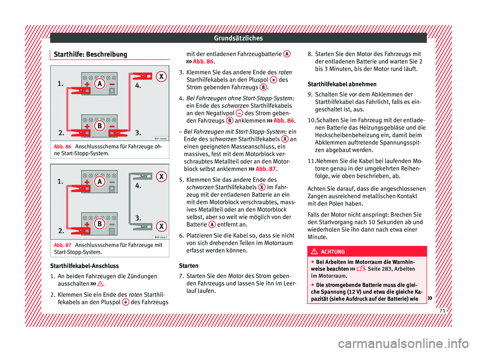 Seat Arona 2017  Betriebsanleitung (in German) Grundsätzliches
Starthilfe: Beschreibung Abb. 86 
Anschlussschema für Fahrzeuge oh-
ne  St
ar
t-Stopp-System. Abb. 87 
Anschlussschema für Fahrzeuge mit
St ar
t

-Stopp-System. Starthilfekabel-Ansc