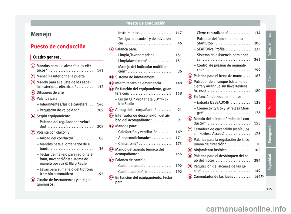 Seat Arona 2017  Manual del propietario (in Spanish) Puesto de conducción
Manejo
P ue
s
to de conducción
Cuadro general Mandos para los alzacristales eléc-
trico
s* . . . . . . . . . . . . . . . . . . . . . . . . . . . 141
M

anecilla interior de la 