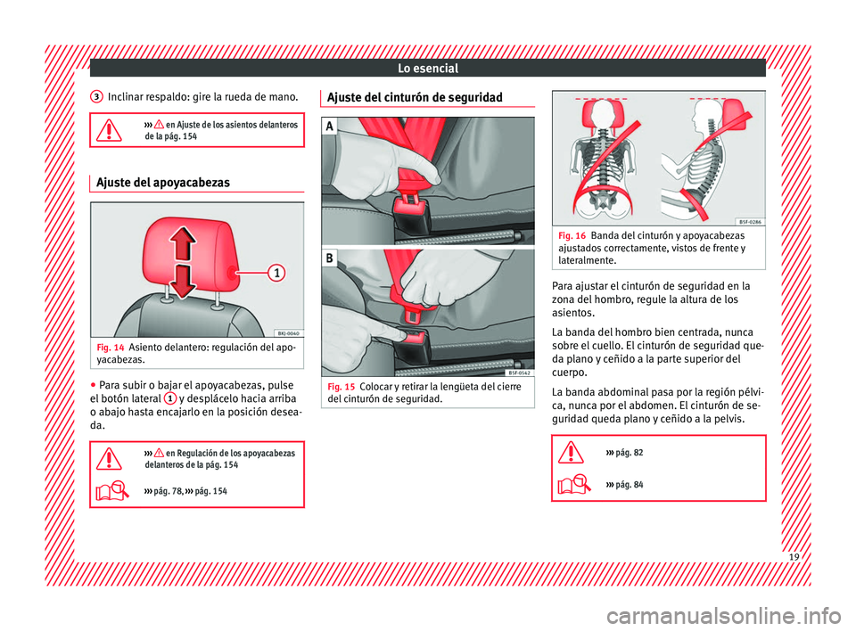 Seat Arona 2017  Manual del propietario (in Spanish) Lo esencial
Inclinar respaldo: gire la rueda de mano.
›››  en Ajuste de los asientos delanteros
de la pág. 154 Ajuste del apoyacabezas
Fig. 14
Asiento delantero: regulación del apo-
y ac
ab