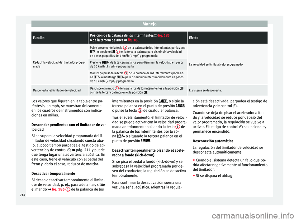 Seat Arona 2017 Manual del propietario (in Spanish) ManejoFunciónPosición de la palanca de los intermitentes
››› fig. 185
o de la tercera palanca ››› fig. 186Efecto
Reducir la velocidad del limitador progra-
mada
Pulse brevemente la tec Seat Arona 2017 Manual del propietario (in Spanish) ManejoFunciónPosición de la palanca de los intermitentes
››› fig. 185
o de la tercera palanca ››› fig. 186Efecto
Reducir la velocidad del limitador progra-
mada
Pulse brevemente la tec