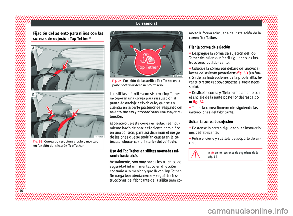 Seat Arona 2017  Manual del propietario (in Spanish) Lo esencial
Fijación del asiento para niños con las
c orr
e
as de sujeción Top Tether* Fig. 33
Correa de sujeción: ajuste y montaje
en f u
nc

ión del cinturón Top Tether. Fig. 34
Posición de l