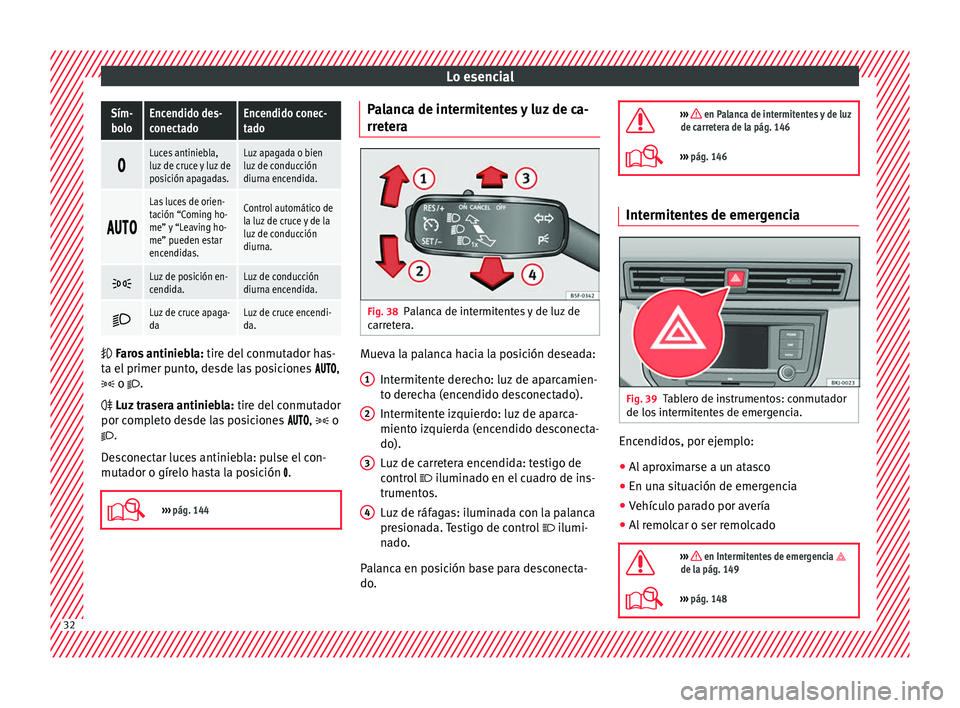 Seat Arona 2017  Manual del propietario (in Spanish) Lo esencialSím-
boloEncendido des-
conectadoEncendido conec-
tado 
Luces antiniebla,
luz de cruce y luz de
posición apagadas.Luz apagada o bien
luz de conducción
diurna encendida.

L