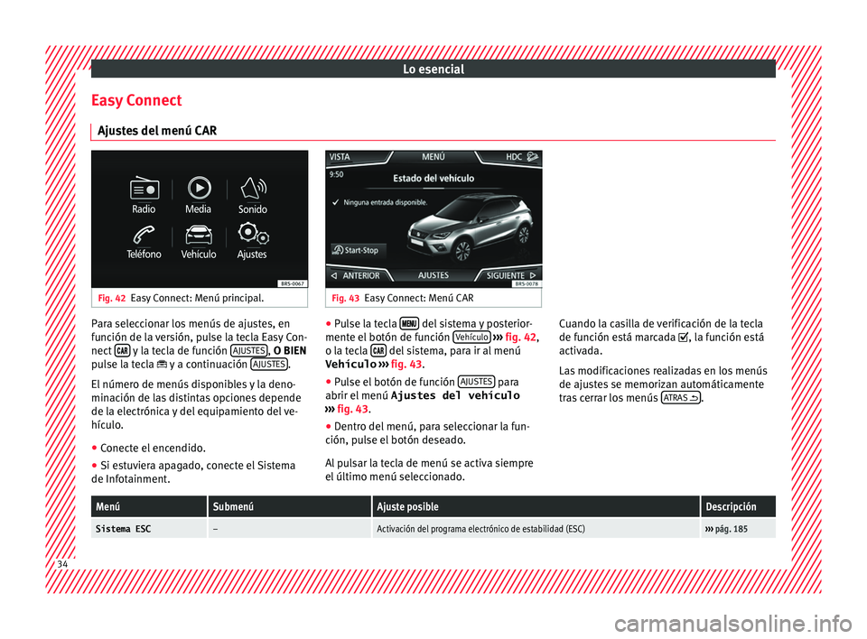 Seat Arona 2017  Manual del propietario (in Spanish) Lo esencial
Easy Connect Aju s
t
es del menú CAR Fig. 42
Easy Connect: Menú principal. Fig. 43
Easy Connect: Menú CAR Para seleccionar los menús de ajustes, en
f
u
nc

ión de la versión, pulse l
