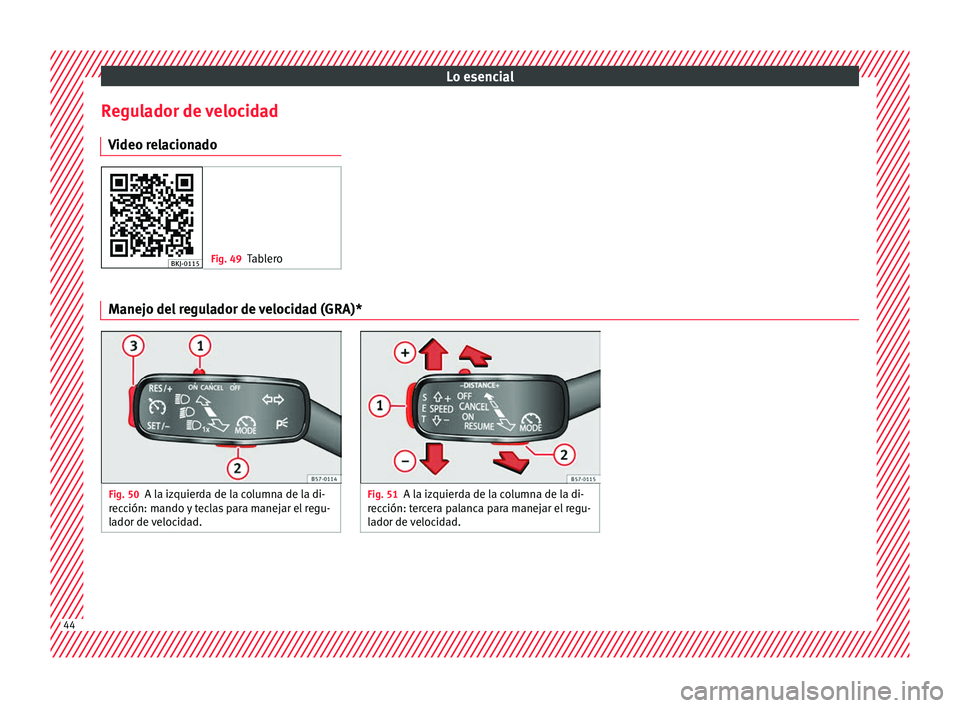 Seat Arona 2017  Manual del propietario (in Spanish) Lo esencial
Regulador de velocidad V ideo r
el
acionado Fig. 49
Tablero Manejo del regulador de velocidad (GRA)*
Fig. 50
A la izquierda de la columna de la di-
rec c

ión: mando y teclas para manejar