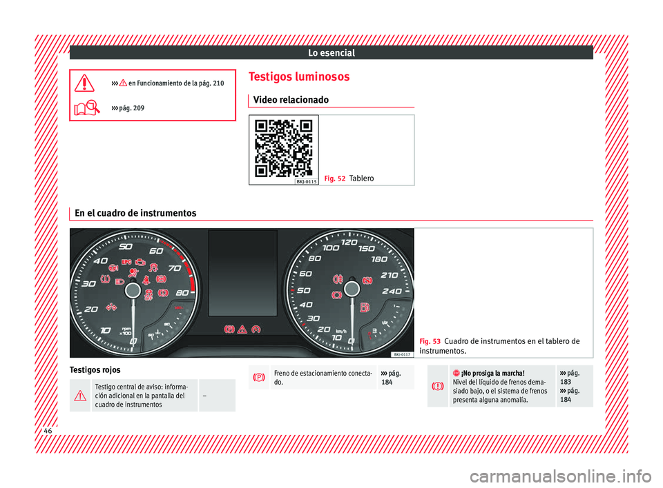 Seat Arona 2017  Manual del propietario (in Spanish) Lo esencial
›››  en Funcionamiento de la pág. 210
›››  pág. 209 Testigos luminosos
V ideo r
el

acionado Fig. 52
Tablero En el cuadro de instrumentos
Fig. 53
Cuadro de instrumentos