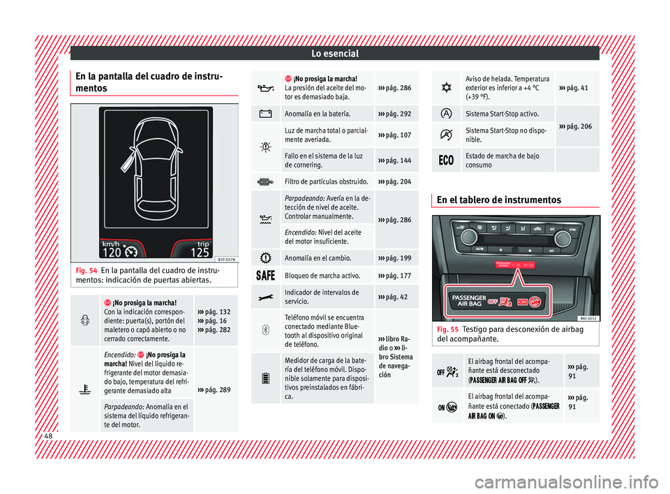 Seat Arona 2017  Manual del propietario (in Spanish) Lo esencial
En la pantalla del cuadro de instru-
ment o
s Fig. 54
En la pantalla del cuadro de instru-
ment o
s: indic
ación de puertas abiertas.  
 ¡No prosiga la marcha!
Con la indicación c