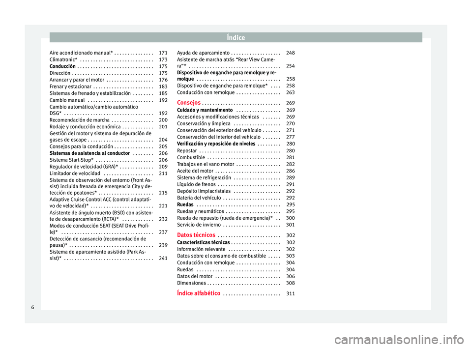 Seat Arona 2017  Manual del propietario (in Spanish) Índice
Aire acondicionado manual*  . . . . . . . . . . . . . . . 171
Climatronic*  . . . . . . . . . . . . . . . . . . . . . . . . . . . . 173
Conducción  . . . . . . . . . . . . . . . . . . . . . .