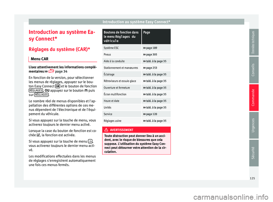 Seat Arona 2017  Manuel du propriétaire (in French)  Introduction au système Easy Connect*
Introduction au système Ea-
sy  C
onnect
*
Réglages du système (CAR)* Menu CAR Lisez attentivement les informations complé-
mentair
e

s ››› 
 page 