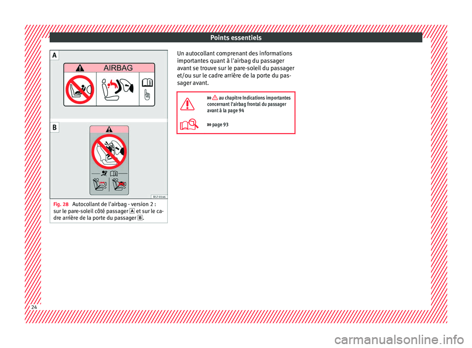 Seat Arona 2017  Manuel du propriétaire (in French)  Points essentiels
Fig. 28 
Autocollant de l'airbag - version 2 :
s ur l
e p
are-soleil côté passager   et sur le ca-
dre arrière de la porte du passager . Un autocollant comprenant des in