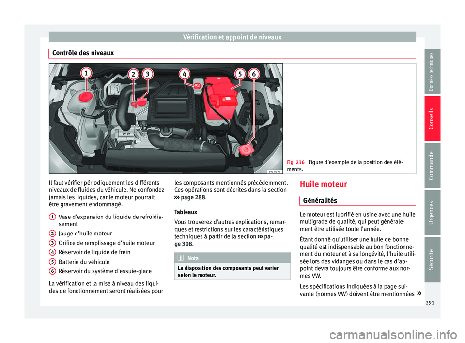 Seat Arona 2017 Manuel du propriétaire (in French) Vérification et appoint de niveaux
Contrôle des niveaux Fig. 236
Figure d'exemple de la position des élé-
ments. Il faut vérifier périodiquement les différents
niv
e
aux
de fluides du vé Seat Arona 2017 Manuel du propriétaire (in French) Vérification et appoint de niveaux
Contrôle des niveaux Fig. 236
Figure d'exemple de la position des élé-
ments. Il faut vérifier périodiquement les différents
niv
e
aux
de fluides du vé