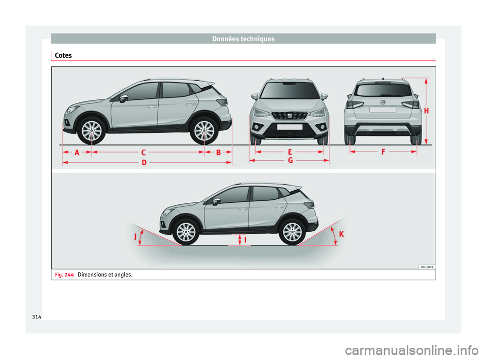 Seat Arona 2017  Manuel du propriétaire (in French)  Données techniques
Cotes Fig. 244 
Dimensions et angles.314 