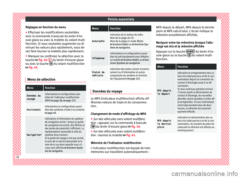 Seat Arona 2017  Manuel du propriétaire (in French)  Points essentiels
Réglages en fonction du menu
● Effectuez les modifications souhaitées
av ec
 l
a commande à bascule du levier d'es-
suie-glace ou avec la molette du volant multi-
fonction. 