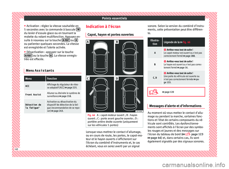 Seat Arona 2017 Manuel du propriétaire (in French) Points essentiels
● Activ
ation : régl
ez la vitesse souhaitée en
5 secondes avec la commande à bascule du levier d'essuie-glace ou en tournant la
mo
l
ett
e du volant multifonc Seat Arona 2017 Manuel du propriétaire (in French) Points essentiels
● Activ
ation : régl
ez la vitesse souhaitée en
5 secondes avec la commande à bascule du levier d'essuie-glace ou en tournant la
mo
l
ett
e du volant multifonc