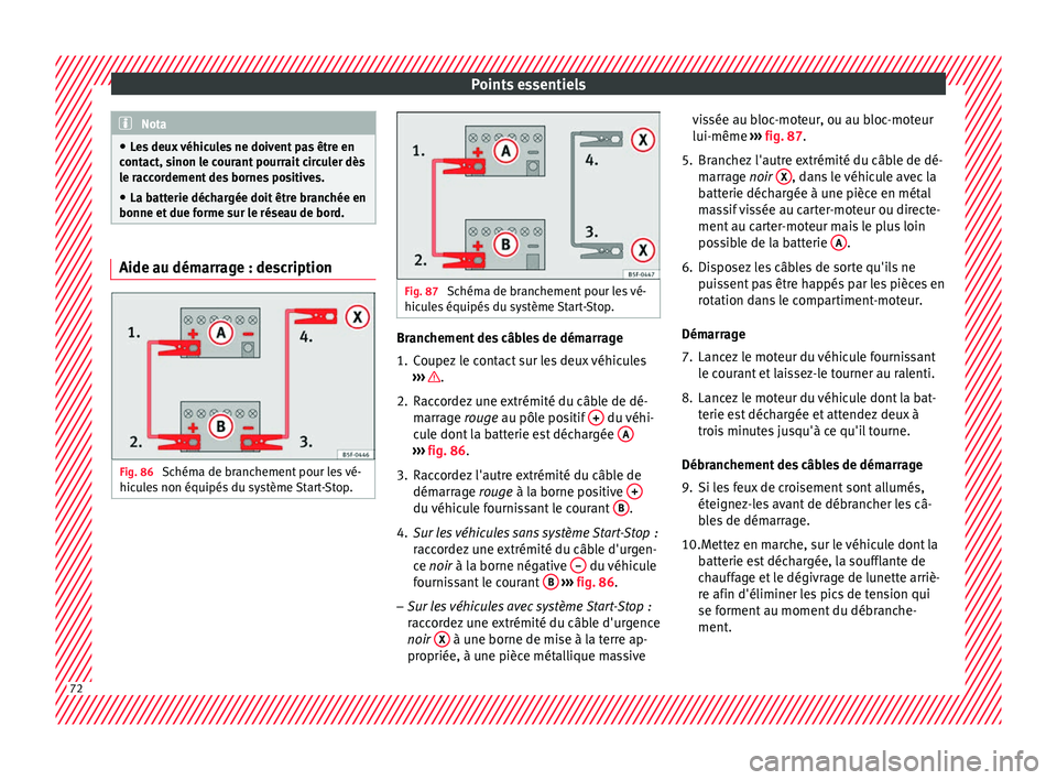 Seat Arona 2017 Manuel du propriétaire (in French) Points essentiels
Nota
● Le s
deux véhicules ne doivent pas être en
contact, sinon le courant pourrait circuler dès
le raccordement des bornes positives.
● La batterie déchargée doit être b Seat Arona 2017 Manuel du propriétaire (in French) Points essentiels
Nota
● Le s
deux véhicules ne doivent pas être en
contact, sinon le courant pourrait circuler dès
le raccordement des bornes positives.
● La batterie déchargée doit être b