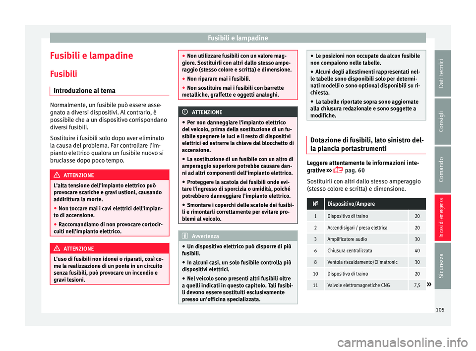 Seat Arona 2017 Manuale del proprietario (in Italian) Fusibili e lampadine
Fusibili e lampadine
F u
s
ibili
Introduzione al tema Normalmente, un fusibile può essere asse-
gnat
o a div
ersi dispositivi. Al contrario, è
possibile che a un dispositivo co Seat Arona 2017 Manuale del proprietario (in Italian) Fusibili e lampadine
Fusibili e lampadine
F u
s
ibili
Introduzione al tema Normalmente, un fusibile può essere asse-
gnat
o a div
ersi dispositivi. Al contrario, è
possibile che a un dispositivo co