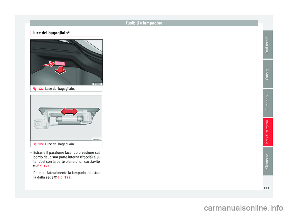Seat Arona 2017  Manuale del proprietario (in Italian) Fusibili e lampadine
Luce del bagagliaio* Fig. 121
Luce del bagagliaio. Fig. 122
Luce del bagagliaio. –
Estrarre il paralume facendo pressione sul
bor do del
l
a sua parte interna (freccia) aiu-
tan