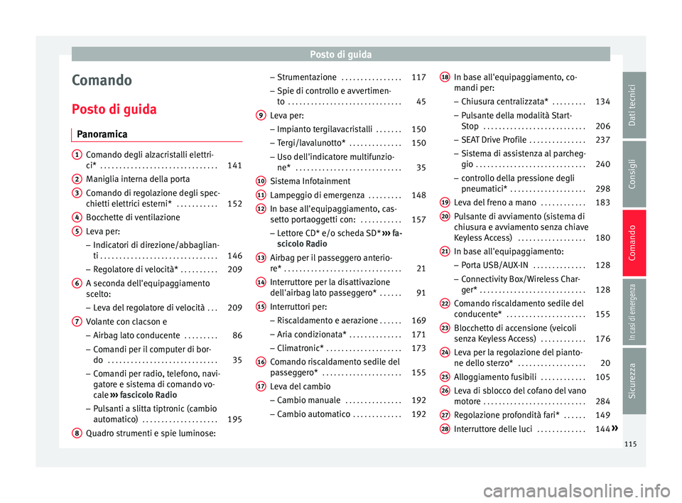 Seat Arona 2017  Manuale del proprietario (in Italian) Posto di guida
Comando
P o
s
to di guida
Panoramica Comando degli alzacristalli elettri-
ci*
 . . . . . . . . . . . . . . . . . . . . . . . . . . . . . . . 141
M anigli

a interna della porta
Comando 