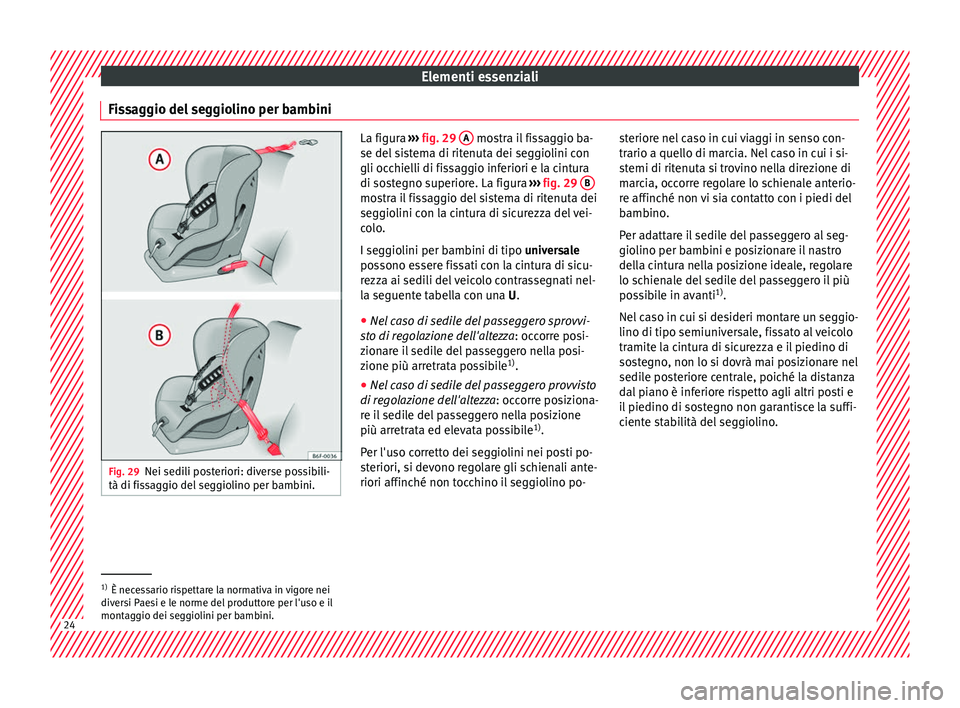 Seat Arona 2017  Manuale del proprietario (in Italian) Elementi essenziali
Fissaggio del seggiolino per bambini Fig. 29
Nei sedili posteriori: diverse possibili-
tà di fis s
aggio del seggiolino per bambini. La figura 
››› fig. 29  A  mostra il fis