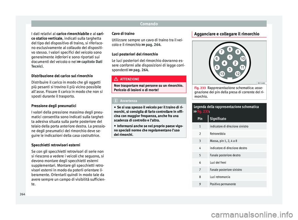 Seat Arona 2017 Manuale del proprietario (in Italian) Comando
I dati relativi al caric
o rimor chiabile e al cari-
co statico verticale , indicati sulla targhetta
del tipo del dispositivo di traino, si riferisco-
no esclusivamente al collaudo del dispos Seat Arona 2017 Manuale del proprietario (in Italian) Comando
I dati relativi al caric
o rimor chiabile e al cari-
co statico verticale , indicati sulla targhetta
del tipo del dispositivo di traino, si riferisco-
no esclusivamente al collaudo del dispos