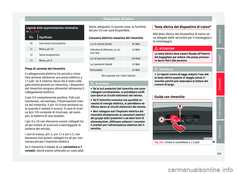 Seat Arona 2017 Manuale del proprietario (in Italian) Dispositivo di trainoLegenda della rappresentazione schematica
››› fig. 233:
PinSignificato
10Cavo senza carica positiva
11Massa, pin 10
12Senza assegnazione
13Massa, pin 9 Presa di corrente de Seat Arona 2017 Manuale del proprietario (in Italian) Dispositivo di trainoLegenda della rappresentazione schematica
››› fig. 233:
PinSignificato
10Cavo senza carica positiva
11Massa, pin 10
12Senza assegnazione
13Massa, pin 9 Presa di corrente de