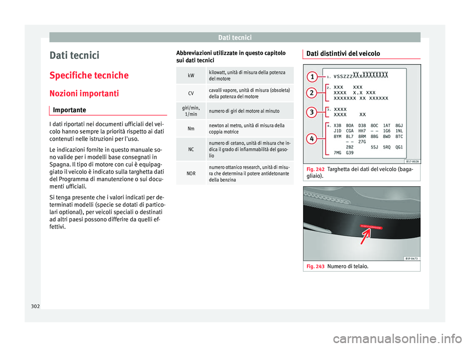 Seat Arona 2017 Manuale del proprietario (in Italian) Dati tecnici
Dati tecnici
S pec
ific
he tecniche
Nozioni importanti Importante I dati riportati nei documenti ufficiali del vei-
co
lo h
anno sempre la priorità rispetto ai dati
contenuti nelle istr Seat Arona 2017 Manuale del proprietario (in Italian) Dati tecnici
Dati tecnici
S pec
ific
he tecniche
Nozioni importanti Importante I dati riportati nei documenti ufficiali del vei-
co
lo h
anno sempre la priorità rispetto ai dati
contenuti nelle istr
