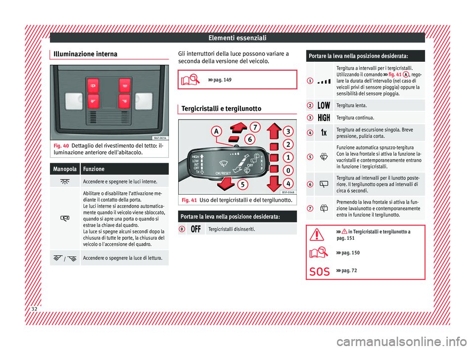 Seat Arona 2017  Manuale del proprietario (in Italian) Elementi essenziali
Illuminazione interna Fig. 40
Dettaglio del rivestimento del tetto: il-
lumin az
ione ant
eriore dell'abitacolo.
ManopolaFunzione 
Accendere e spegnere le luci interne.

