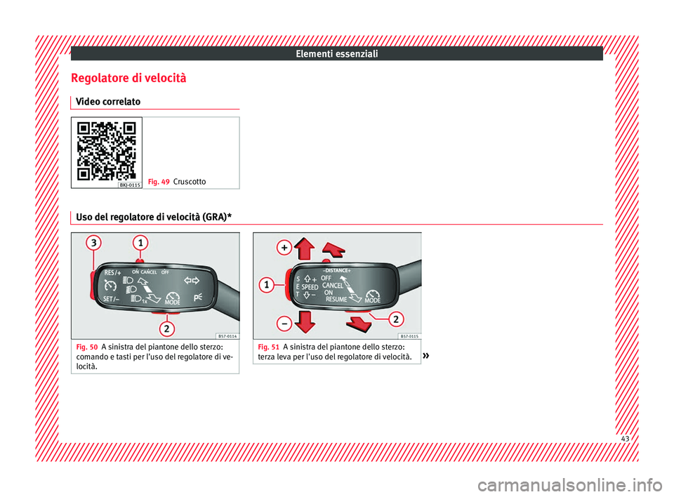 Seat Arona 2017  Manuale del proprietario (in Italian) Elementi essenziali
Regolatore di velocità V ideo c
orr
elato Fig. 49
Cruscotto Uso del regolatore di velocità (GRA)*
Fig. 50
A sinistra del piantone dello sterzo:
com ando e t

asti per l'uso d
