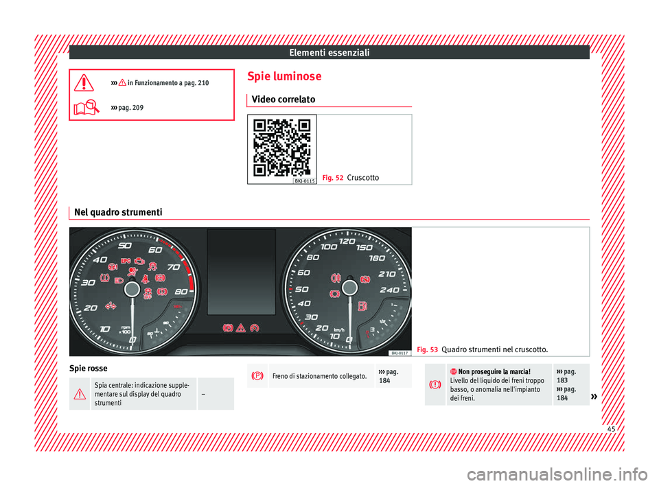 Seat Arona 2017  Manuale del proprietario (in Italian) Elementi essenziali
›››  in Funzionamento a pag. 210
›››  pag. 209 Spie luminose
V ideo c
orr

elato Fig. 52
Cruscotto Nel quadro strumenti
Fig. 53
Quadro strumenti nel cruscotto. Sp