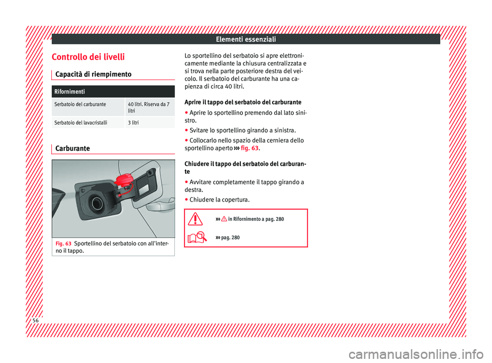 Seat Arona 2017  Manuale del proprietario (in Italian) Elementi essenziali
Controllo dei livelli C ap
ac
ità di riempimento
Rifornimenti
Serbatoio del carburante40 litri. Riserva da 7
litri
Serbatoio del lavacristalli3 litri Carburante
Fig. 63
Sportellin