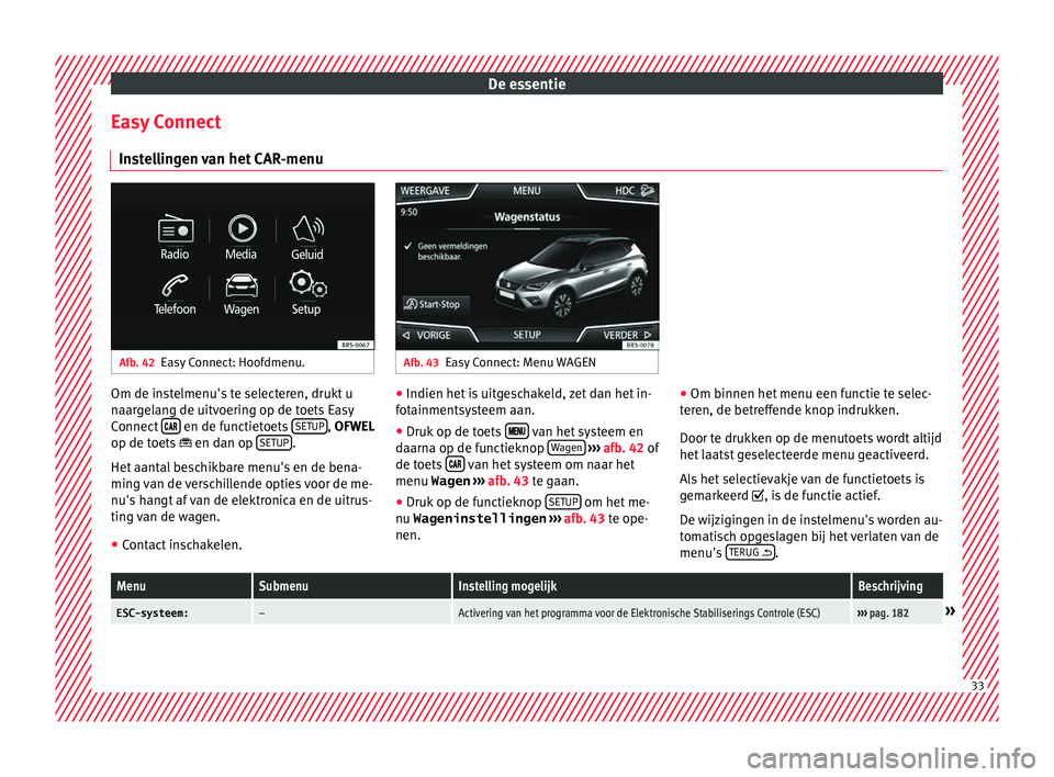 Seat Arona 2017  Handleiding (in Dutch) De essentie
Easy Connect In s
t
ellingen van het CAR-menu Afb. 42
Easy Connect: Hoofdmenu. Afb. 43
Easy Connect: Menu WAGEN Om de instelmenu's te selecteren, drukt u
n
aar
g

elang de uitvoering o