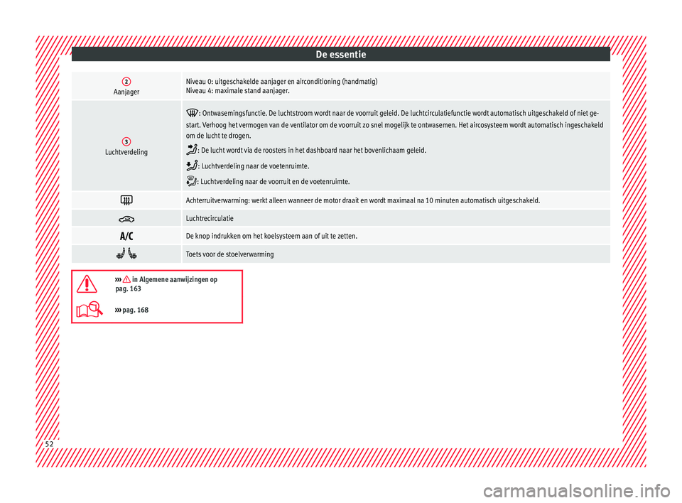Seat Arona 2017  Handleiding (in Dutch) De essentie2AanjagerNiveau 0: uitgeschakelde aanjager en airconditioning (handmatig)
Niveau 4: maximale stand aanjager.
3Luchtverdeling

: Ontwasemingsfunctie. De luchtstroom wordt naar de voorruit